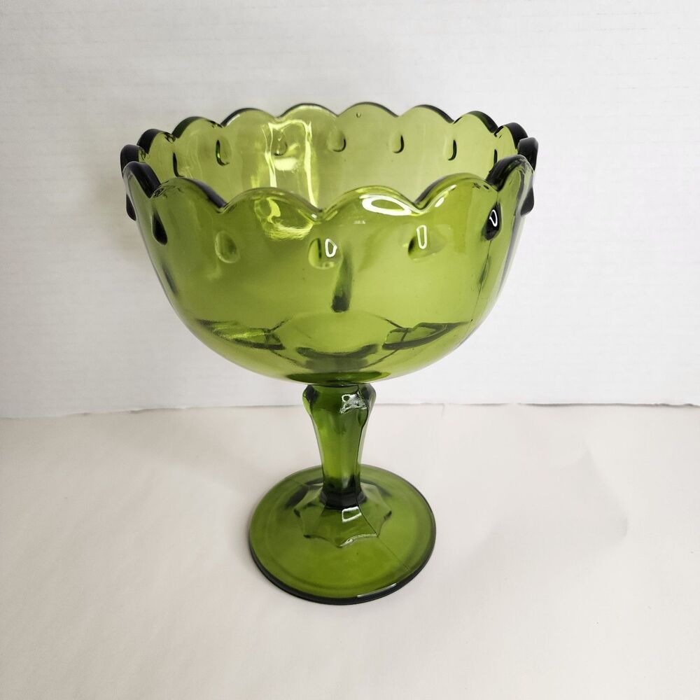 Vintage Indiana Glass Teardrop Antique Green Pedestal Compote Centerpiece Bowl